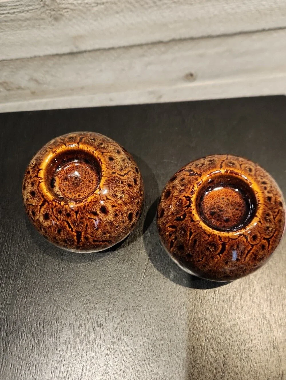 Glazed Ceramic Sphere Votive Candle Holders - Brown Pair